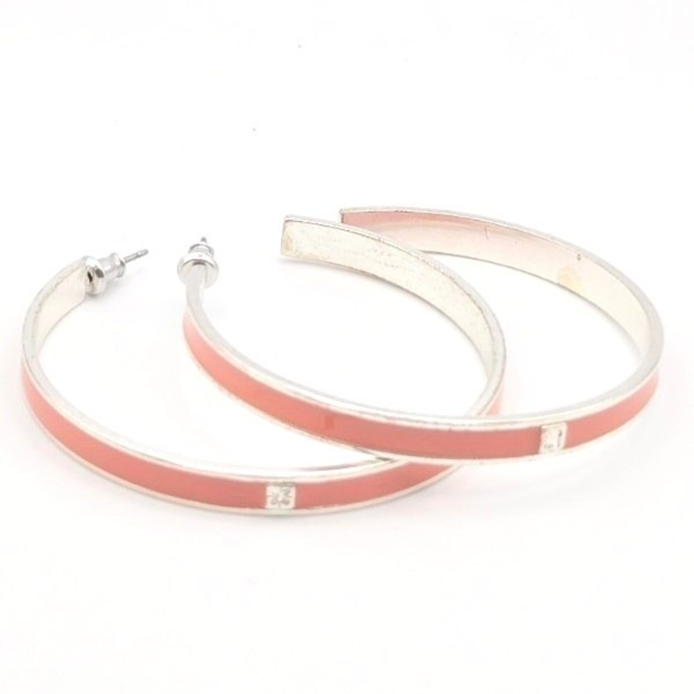 Silver Tone Hoop Earrings on Posts with Salmon Enamel Trendy Fashion‎